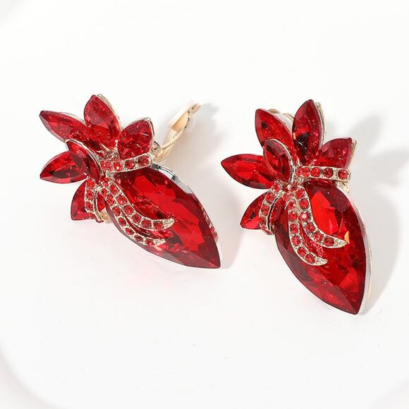 Classy 2" clip on red stone flower button style earrings - Picture 2 of 4